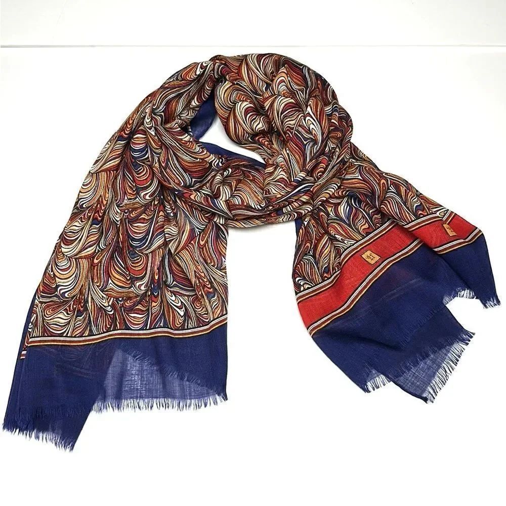 Silk Wool Large Oblong Scarf Shawl Lightweight Wrap Blue Paisley Italy